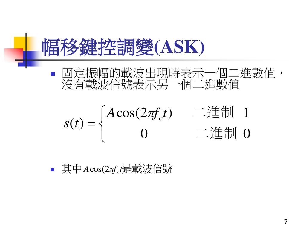 幅移鍵控調變(ASK) 固定振幅的載波出現時表示一個二進數值，沒有載波信號表示另一個二進數值 其中 是載波信號