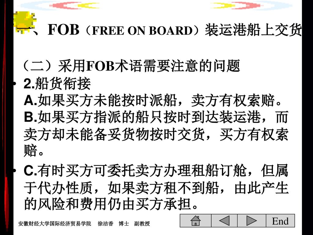 一、FOB（FREE ON BOARD）装运港船上交货 （二）采用FOB术语需要注意的问题