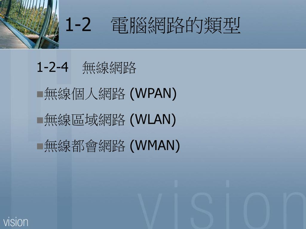 1-2 電腦網路的類型 無線網路 無線個人網路 (WPAN) 無線區域網路 (WLAN) 無線都會網路 (WMAN)