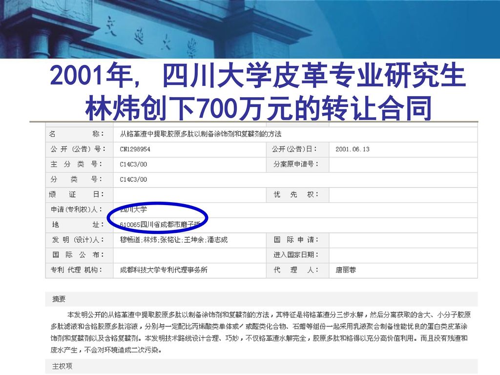 2001年, 四川大学皮革专业研究生 林炜创下700万元的转让合同