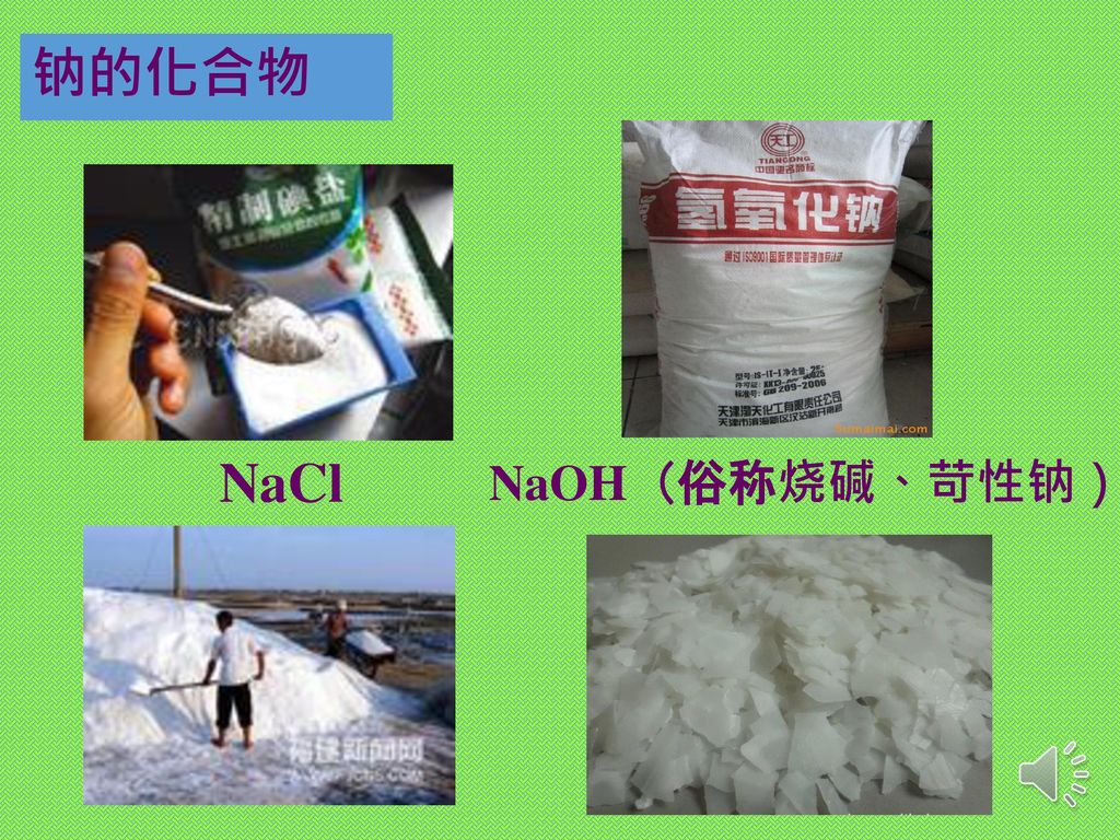 钠的化合物 NaCl NaOH（俗称烧碱、苛性钠）