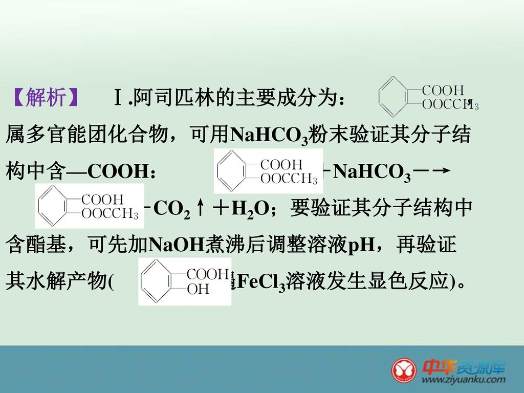 【解析】 Ⅰ.阿司匹林的主要成分为： ，属多官能团化合物，可用NaHCO3粉末验证其分子结构中含—COOH： ＋NaHCO3―→ ＋CO2↑＋H2O；要验证其分子结构中含酯基，可先加NaOH煮沸后调整溶液pH，再验证其水解产物( 遇FeCl3溶液发生显色反应)。