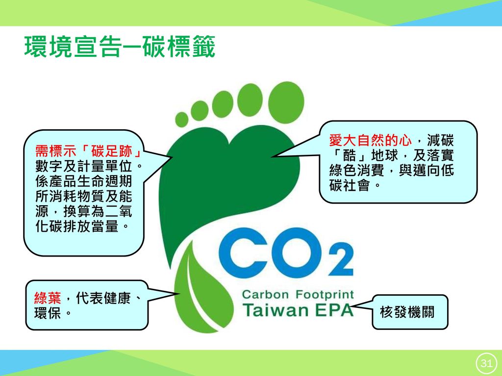環境宣告─碳標籤 愛大自然的心，減碳「酷」地球，及落實綠色消費，與邁向低碳社會。