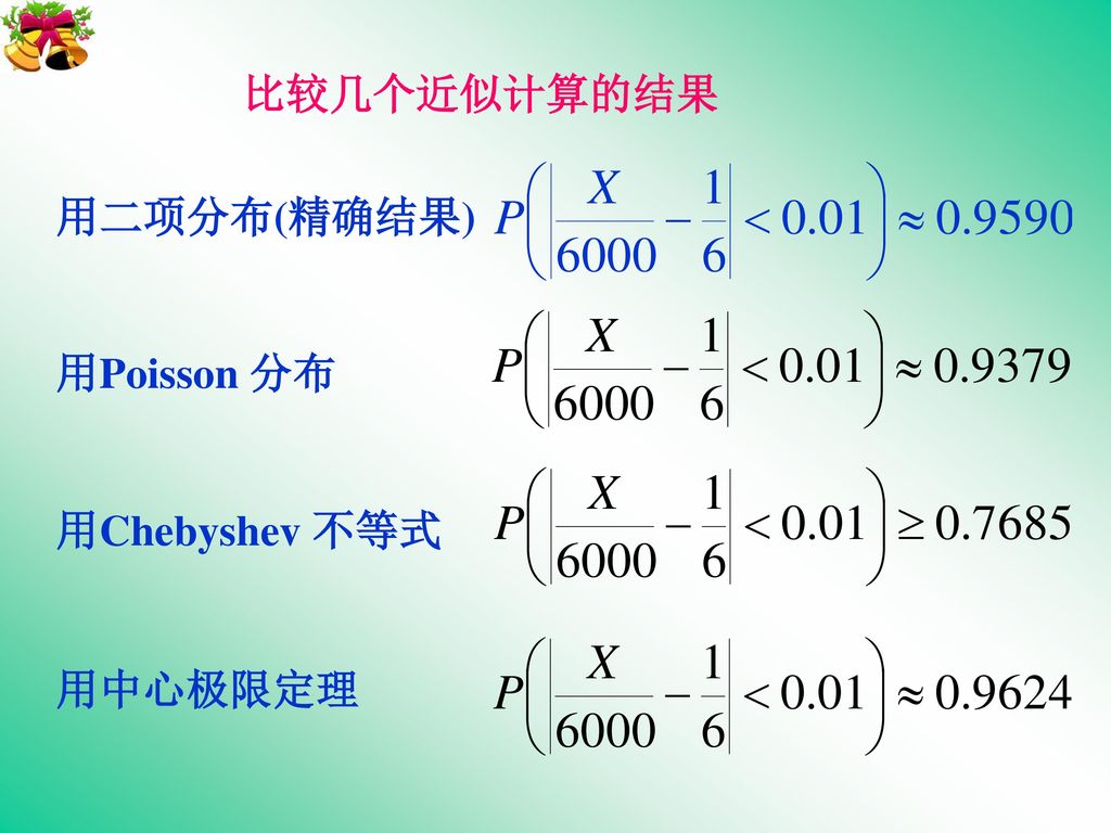 比较几个近似计算的结果 用二项分布(精确结果) 用Poisson 分布 用Chebyshev 不等式 用中心极限定理