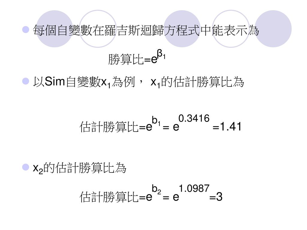 每個自變數在羅吉斯迴歸方程式中能表示為 以Sim自變數x1為例， x1的估計勝算比為 勝算比=e x2的估計勝算比為