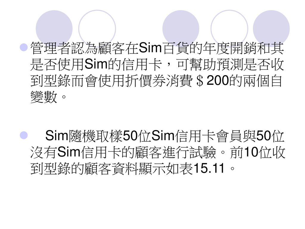 管理者認為顧客在Sim百貨的年度開銷和其是否使用Sim的信用卡，可幫助預測是否收到型錄而會使用折價券消費＄200的兩個自變數。