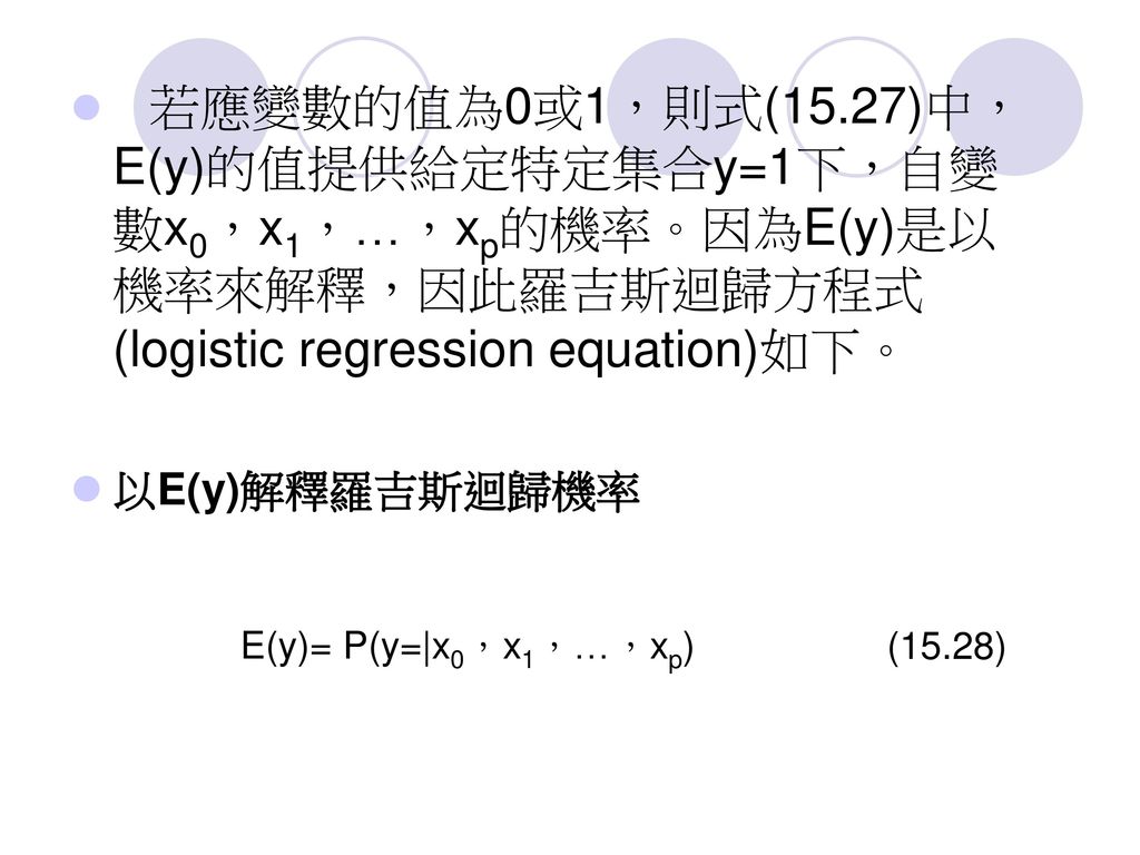 若應變數的值為0或1，則式(15.27)中， E(y)的值提供給定特定集合y=1下，自變數x0，x1，…，xp的機率。因為E(y)是以機率來解釋，因此羅吉斯迴歸方程式(logistic regression equation)如下。