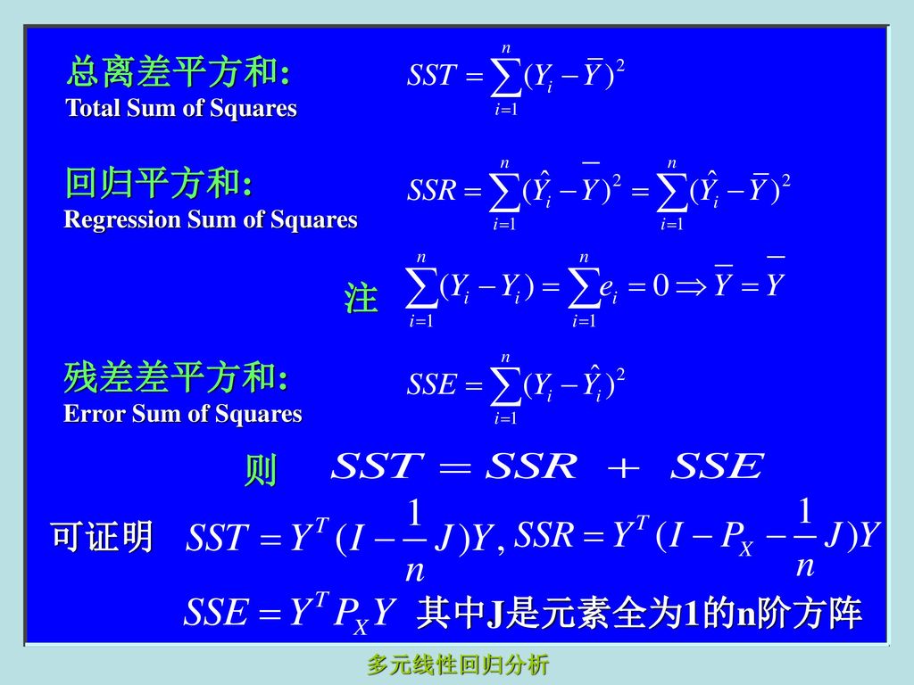 总离差平方和: 回归平方和: 注 残差差平方和: 则 可证明 其中J是元素全为1的n阶方阵 Total Sum of Squares