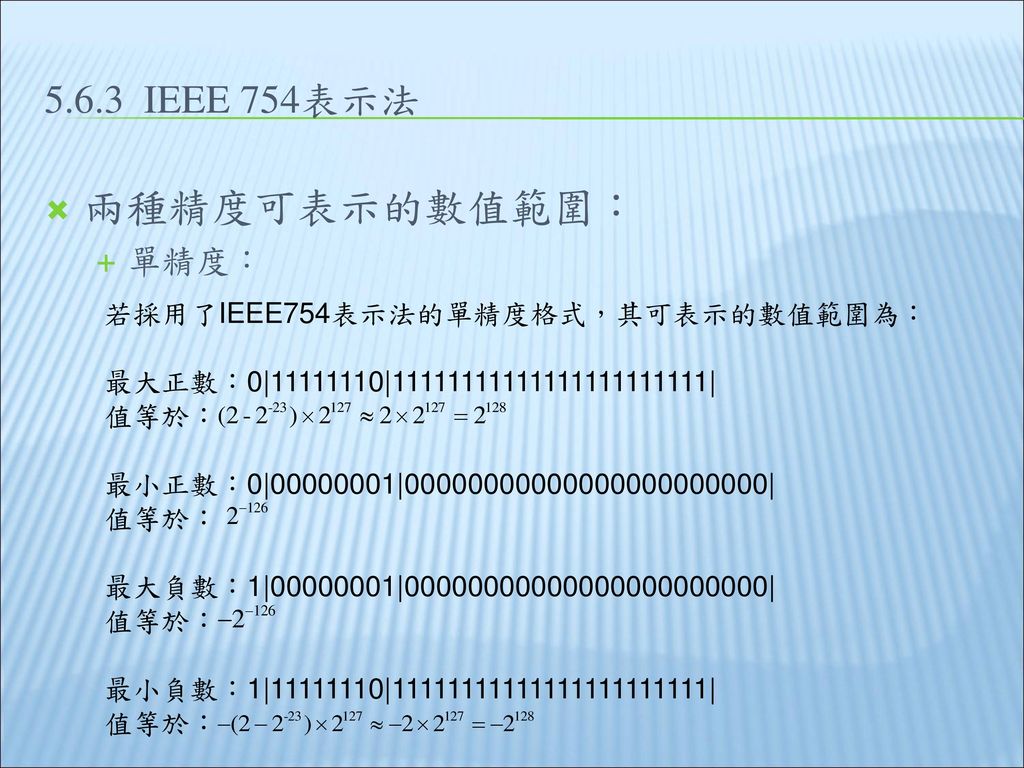 兩種精度可表示的數值範圍： IEEE 754表示法 單精度： 若採用了IEEE754表示法的單精度格式，其可表示的數值範圍為：