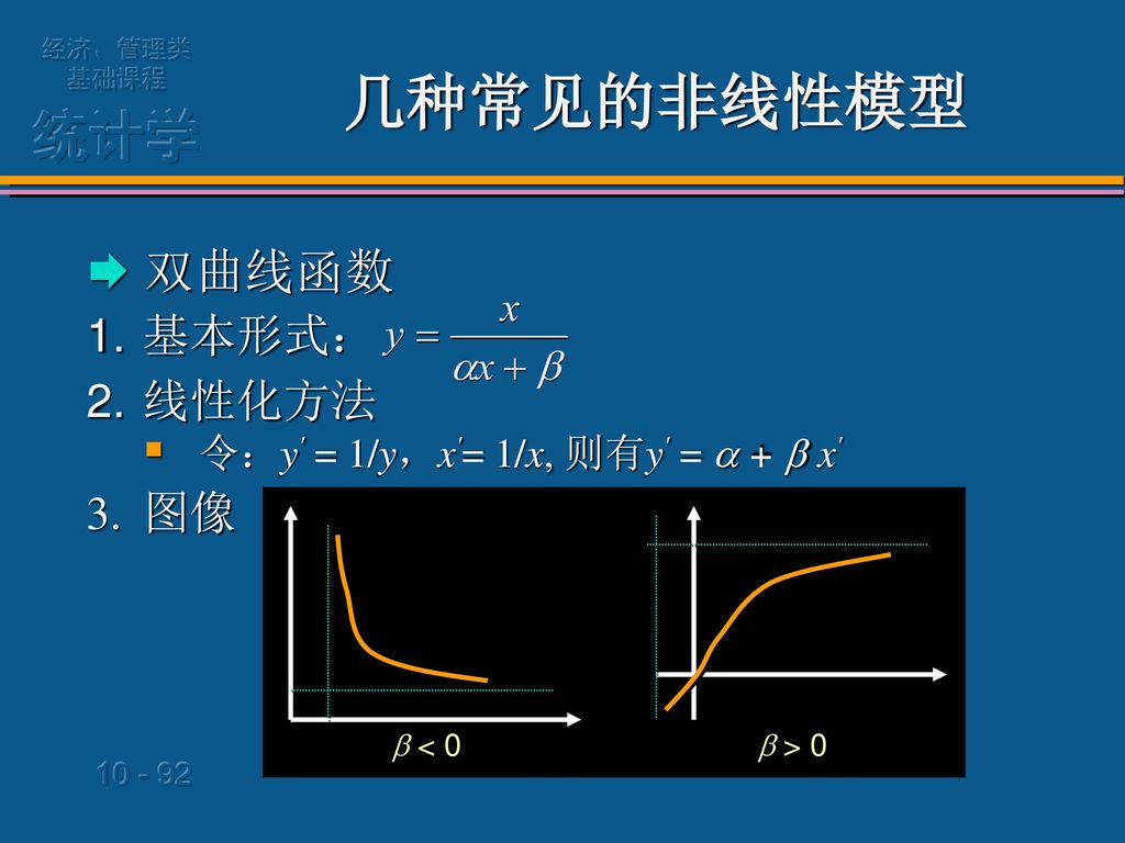 几种常见的非线性模型  双曲线函数 基本形式： 线性化方法 图像 令：y = 1/y，x = 1/x, 则有y =  +  x
