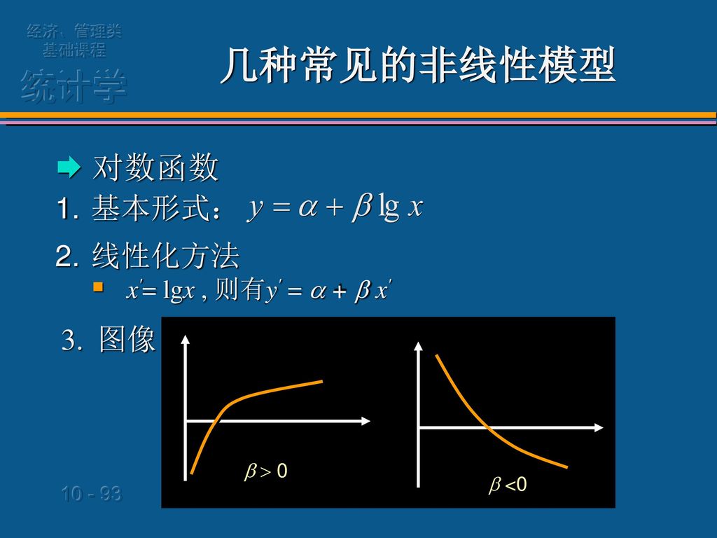 几种常见的非线性模型  对数函数 基本形式： 线性化方法 图像 x = lgx , 则有y =  +  x   0