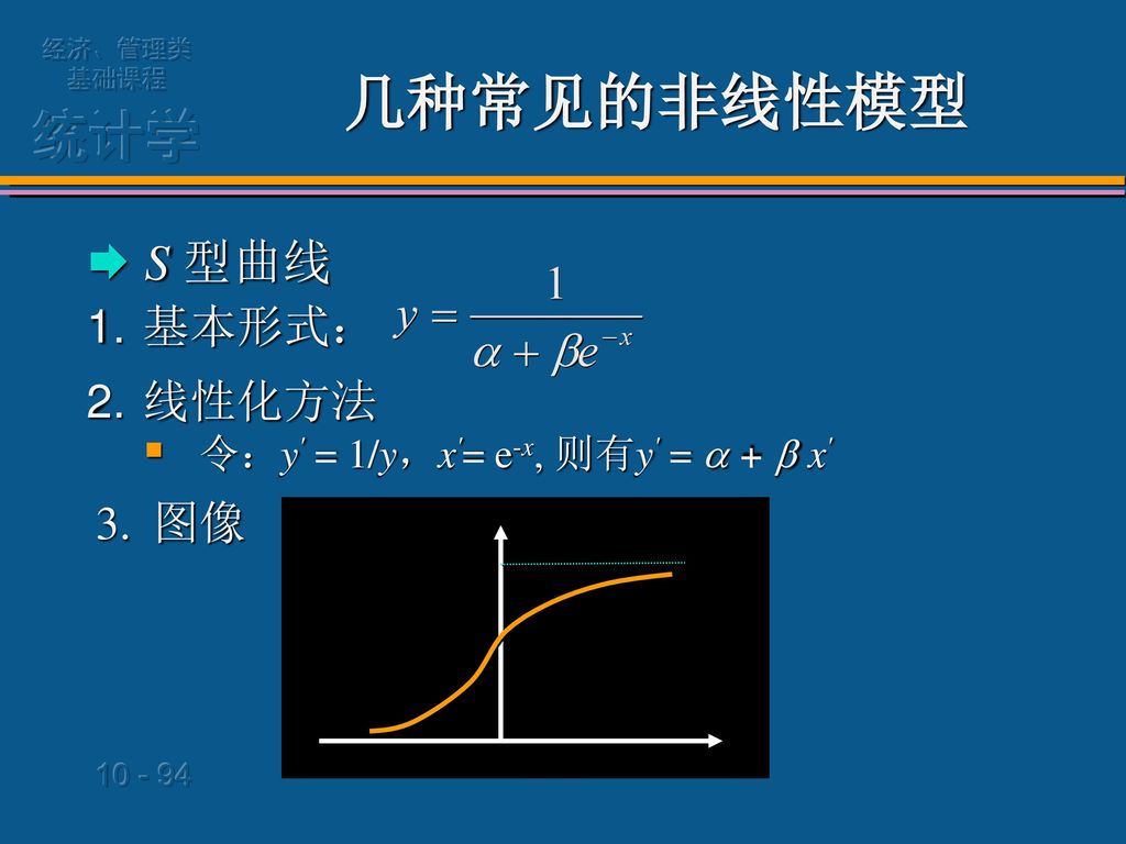 几种常见的非线性模型  S 型曲线 基本形式： 线性化方法 令：y = 1/y，x = e-x, 则有y =  +  x 图像