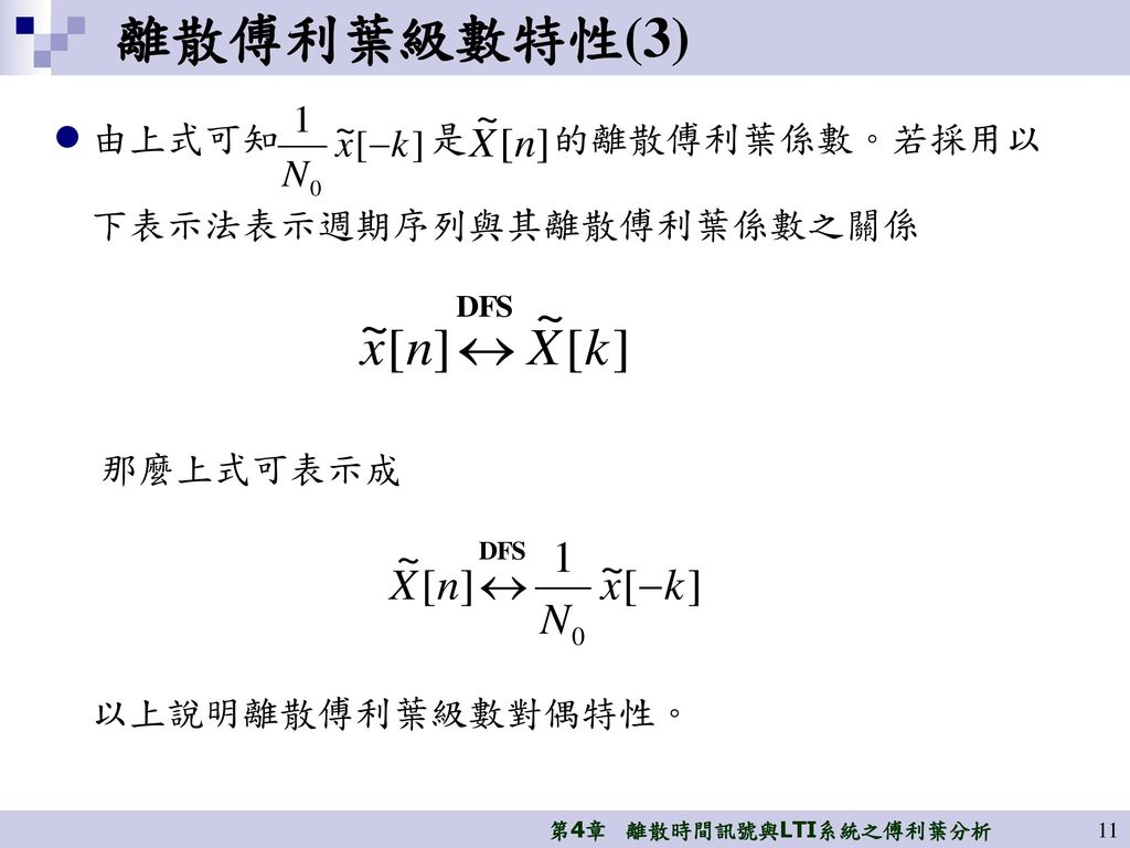 離散傅利葉級數特性(3) 由上式可知 是 的離散傅利葉係數。若採用以 下表示法表示週期序列與其離散傅利葉係數之關係 那麼上式可表示成