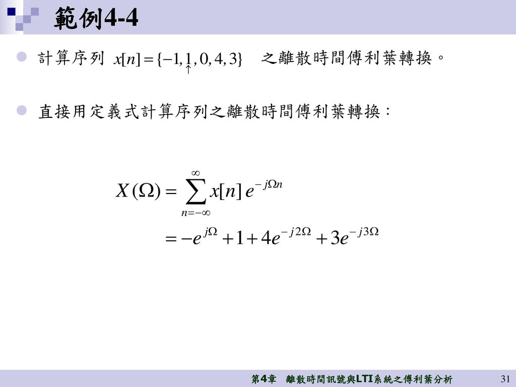 範例4-4 計算序列 之離散時間傅利葉轉換。 直接用定義式計算序列之離散時間傅利葉轉換：