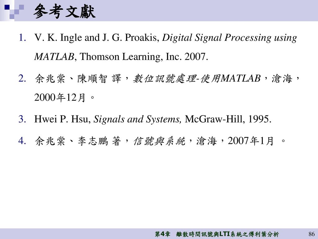 參考文獻 V. K. Ingle and J. G. Proakis, Digital Signal Processing using MATLAB, Thomson Learning, Inc