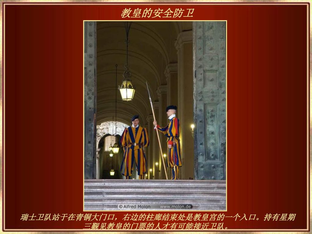 瑞士卫队站于在青铜大门口，右边的柱廊结束处是教皇宫的一个入口。持有星期三觐见教皇的门票的人才有可能接近卫队。