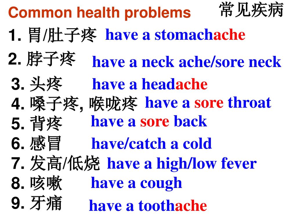 have a neck ache/sore neck have a sore throat 3. 头疼 4. 嗓子疼, 喉咙疼 5. 背疼