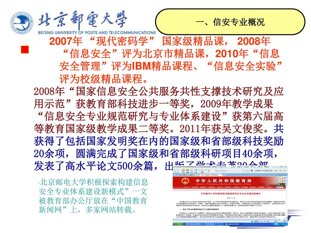 一、信安专业概况 2007年 现代密码学 国家级精品课， 2008年 信息安全 评为北京市精品课，2010年 信息安全管理 评为IBM精品课程、 信息安全实验 评为校级精品课程。