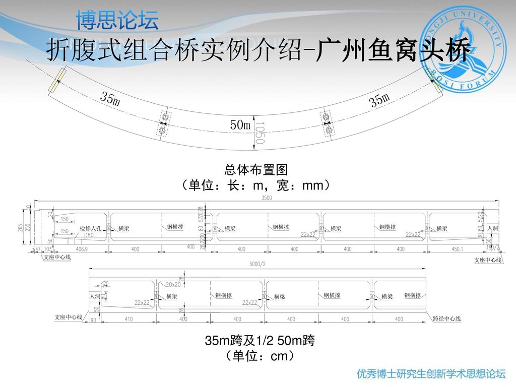 折腹式组合桥实例介绍-广州鱼窝头桥 总体布置图 （单位：长：m，宽：mm） 35m跨及1/2 50m跨 （单位：cm）