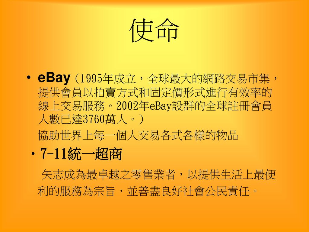 使命 eBay (1995年成立，全球最大的網路交易市集，提供會員以拍賣方式和固定價形式進行有效率的線上交易服務。2002年eBay設群的全球註冊會員人數已達3760萬人。) 協助世界上每一個人交易各式各樣的物品.