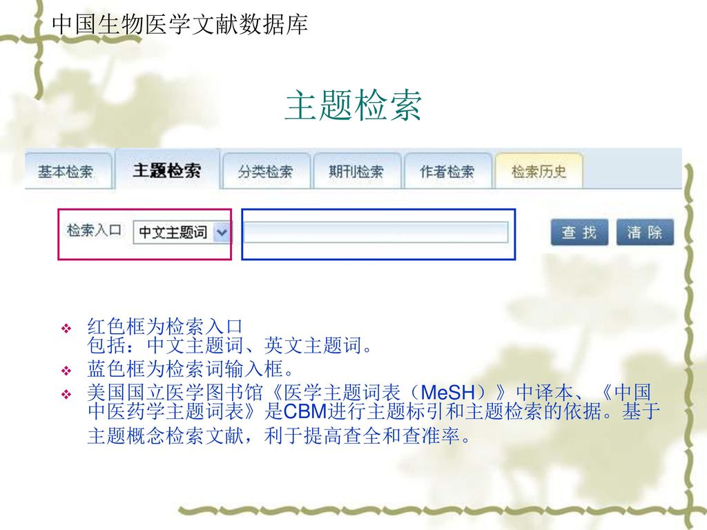 主题检索 中国生物医学文献数据库 红色框为检索入口 包括：中文主题词、英文主题词。 蓝色框为检索词输入框。