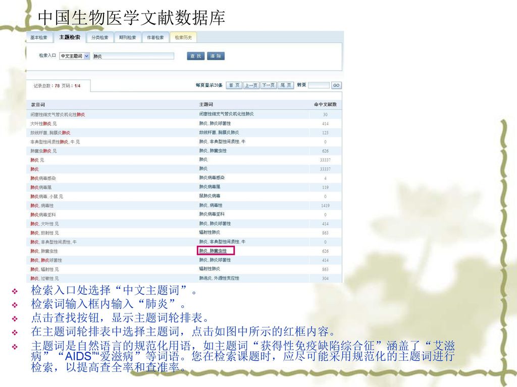 中国生物医学文献数据库 检索入口处选择 中文主题词 。 检索词输入框内输入 肺炎 。 点击查找按钮，显示主题词轮排表。