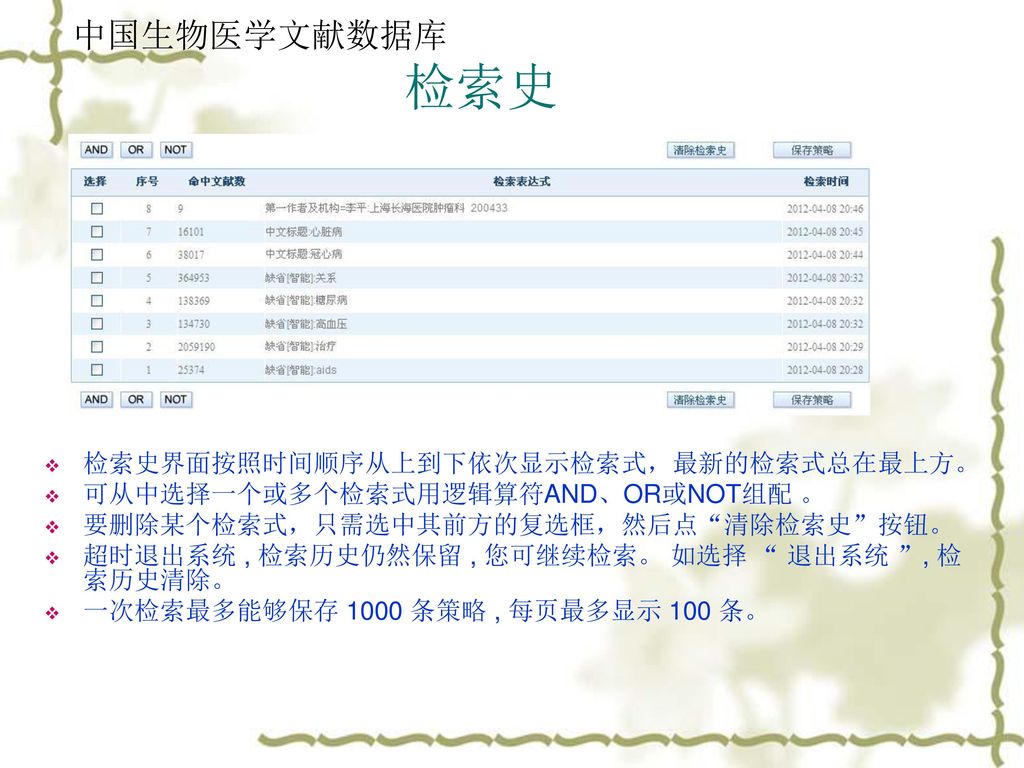检索史 中国生物医学文献数据库 检索史界面按照时间顺序从上到下依次显示检索式，最新的检索式总在最上方。