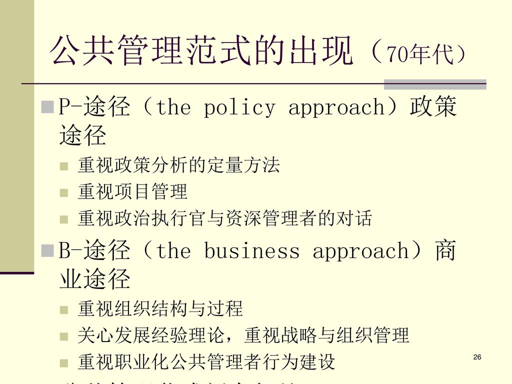 公共管理范式的出现（70年代） P-途径（the policy approach）政策途径