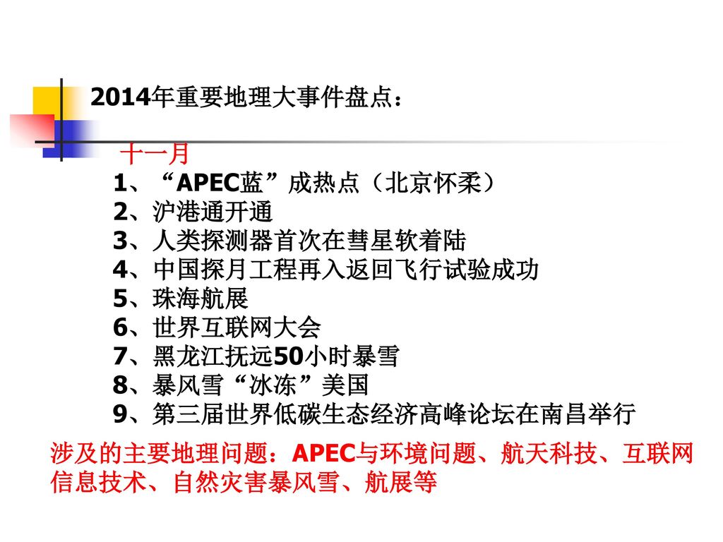 2014年重要地理大事件盘点： 十一月. 1、 APEC蓝 成热点（北京怀柔） 2、沪港通开通. 3、人类探测器首次在彗星软着陆. 4、中国探月工程再入返回飞行试验成功. 5、珠海航展. 6、世界互联网大会.