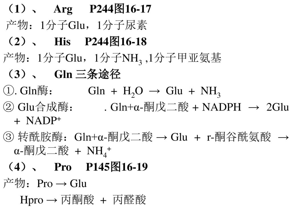 （1）、 Arg P244图16-17 产物：1分子Glu，1分子尿素. （2）、 His P244图 产物：1分子Glu，1分子NH3 ,1分子甲亚氨基.
