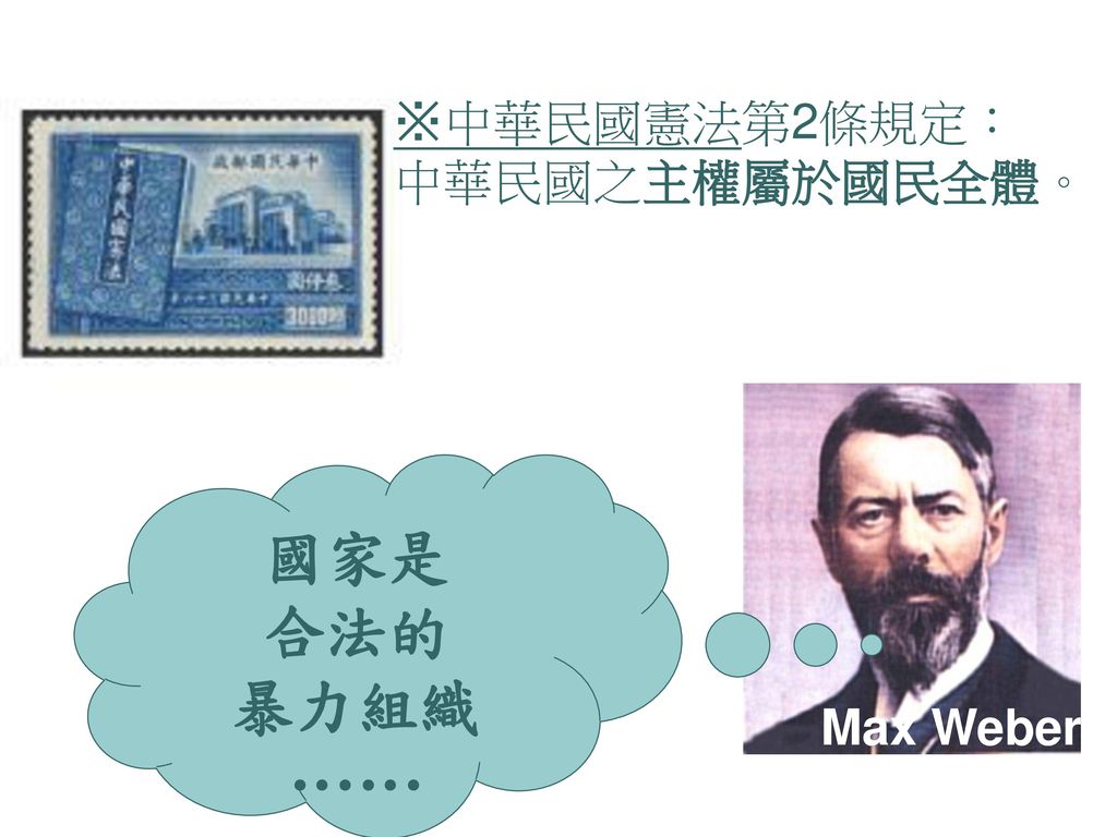※中華民國憲法第2條規定： 中華民國之主權屬於國民全體。 國家是 合法的 暴力組織 …… Max Weber