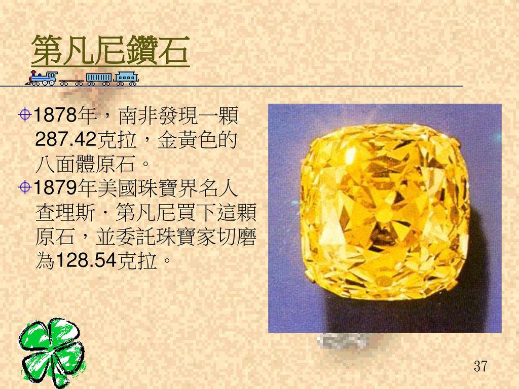 第凡尼鑽石 1878年，南非發現一顆 克拉，金黃色的 八面體原石。 1879年美國珠寶界名人 查理斯．第凡尼買下這顆