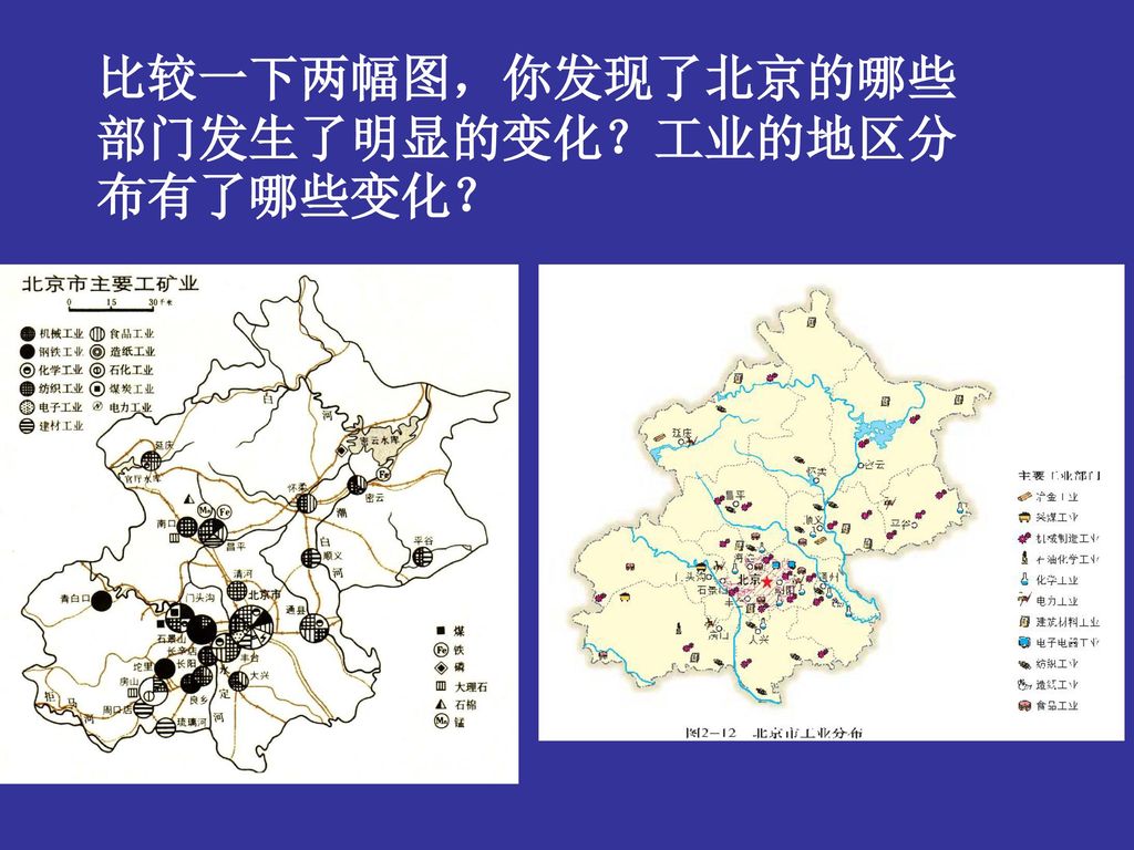 比较一下两幅图，你发现了北京的哪些部门发生了明显的变化？工业的地区分布有了哪些变化？
