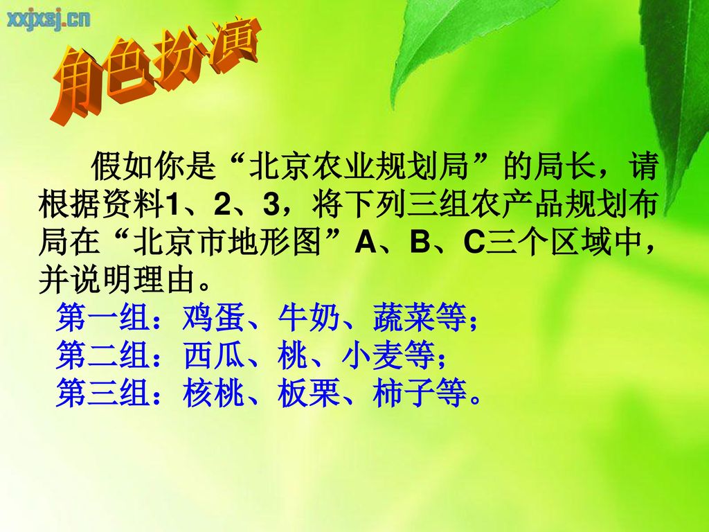 角色扮演 假如你是 北京农业规划局 的局长，请根据资料1、2、3，将下列三组农产品规划布局在 北京市地形图 A、B、C三个区域中，并说明理由。 第一组：鸡蛋、牛奶、蔬菜等； 第二组：西瓜、桃、小麦等；