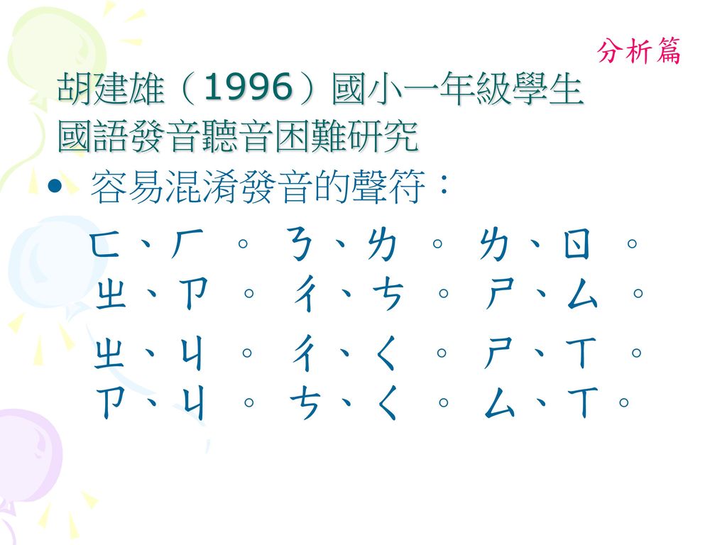 胡建雄（1996）國小一年級學生 國語發音聽音困難研究