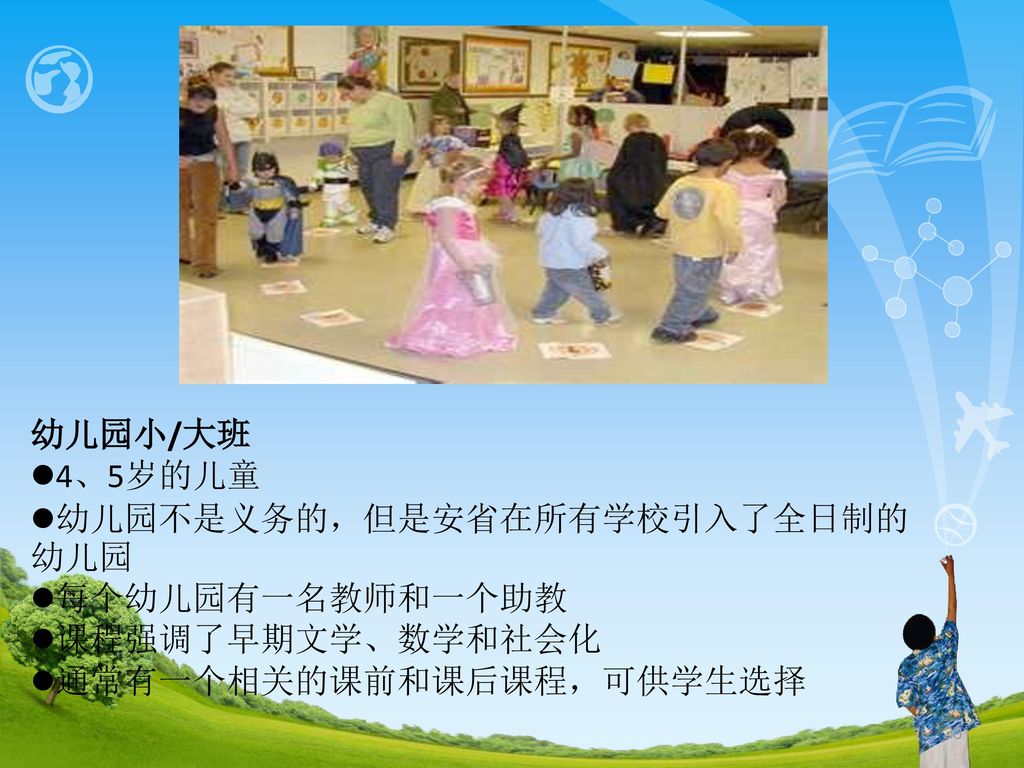 幼儿园不是义务的，但是安省在所有学校引入了全日制的幼儿园 每个幼儿园有一名教师和一个助教 课程强调了早期文学、数学和社会化