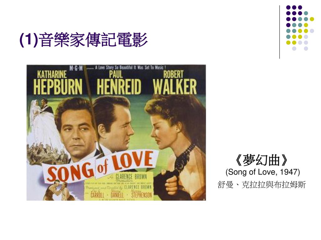 (1)音樂家傳記電影 《夢幻曲》 (Song of Love, 1947) 舒曼、克拉拉與布拉姆斯