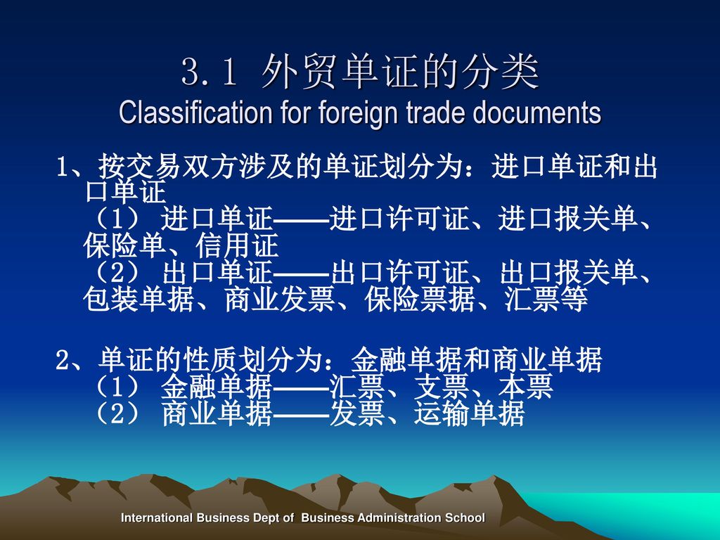 3.1 外贸单证的分类 Classification for foreign trade documents