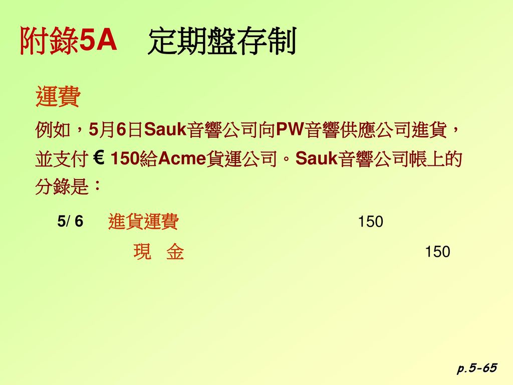 附錄5A 定期盤存制 運費. 例如，5月6日Sauk音響公司向PW音響供應公司進貨，並支付 € 150給Acme貨運公司。Sauk音響公司帳上的分錄是： 5/ 6. 進貨運費 150. 現 金 150.