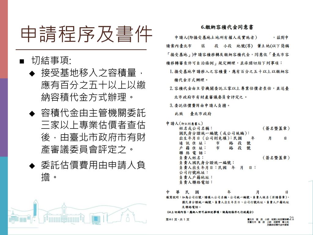 容積代金估價 本局已委託台北市不動產估價師公會制定容積代金估價範本。
