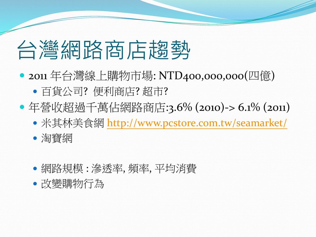 台灣網路商店趨勢 2011 年台灣線上購物市場: NTD400,000,000(四億)