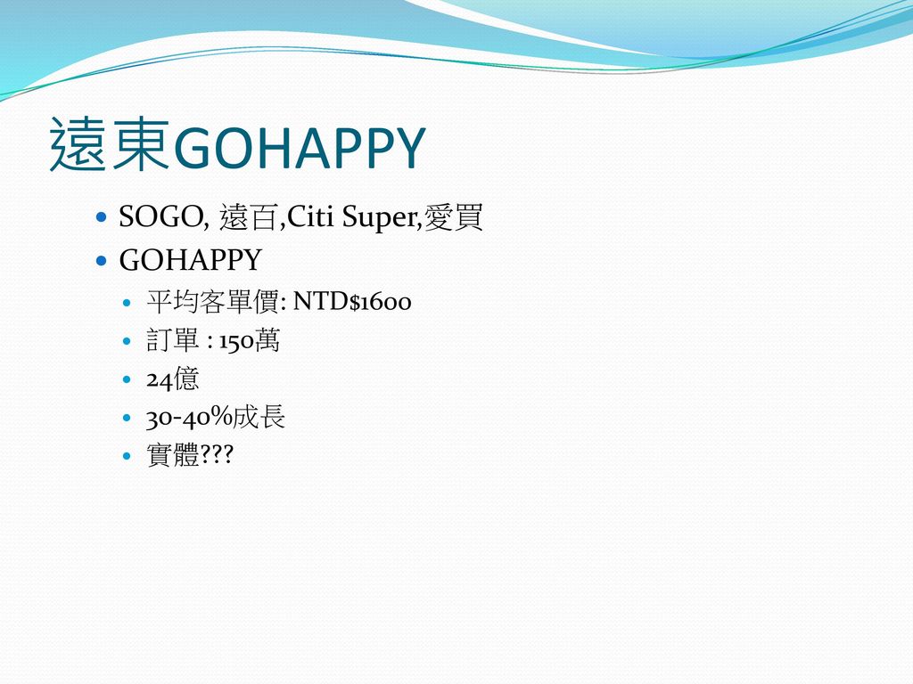 遠東GOHAPPY SOGO, 遠百,Citi Super,愛買 GOHAPPY 平均客單價: NTD$1600 訂單 : 150萬 24億