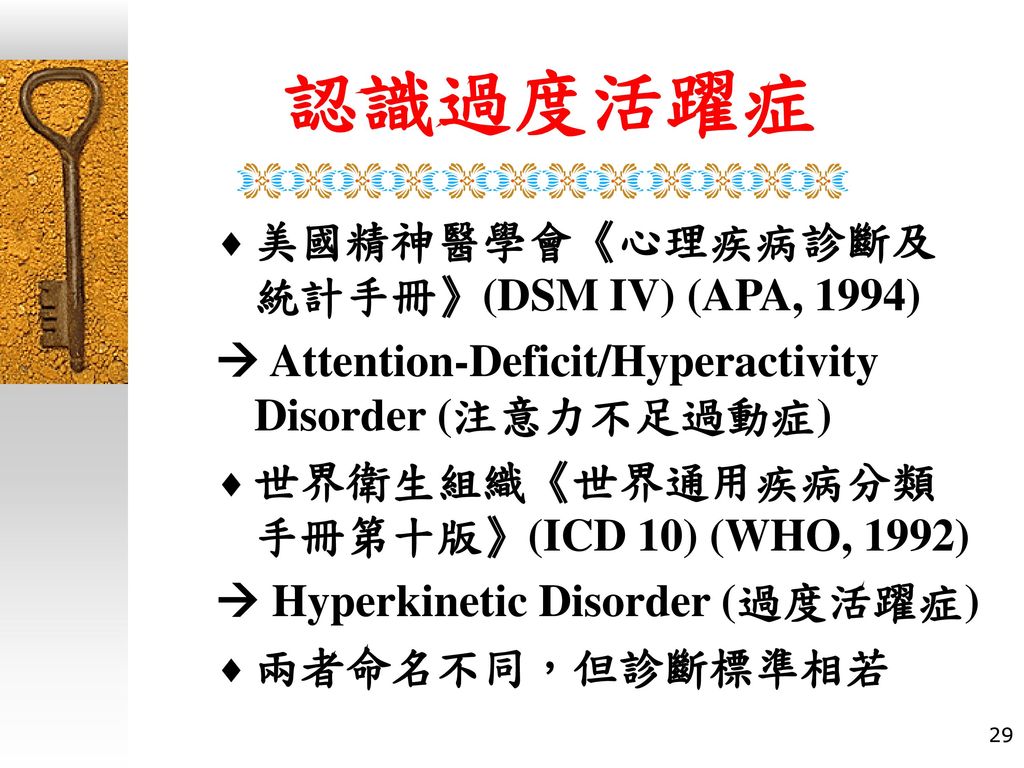 認識過度活躍症 美國精神醫學會《心理疾病診斷及統計手冊》(DSM IV) (APA, 1994)