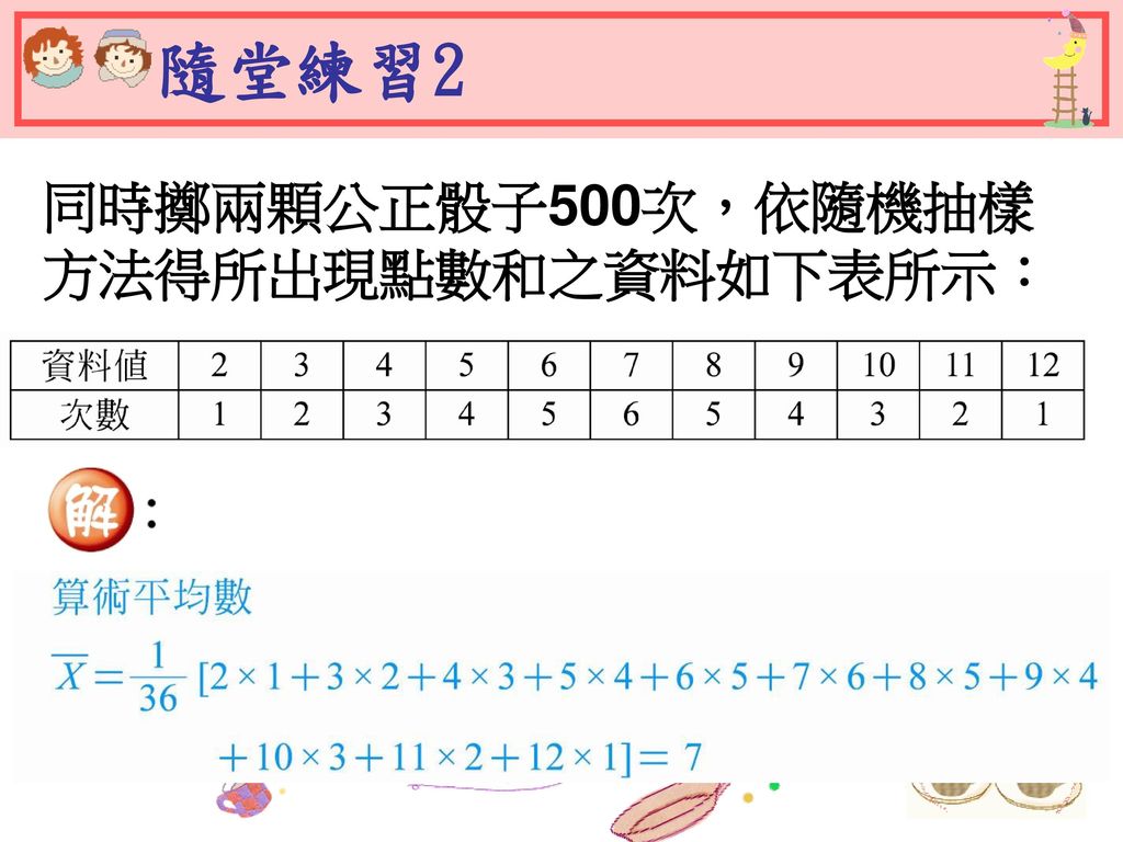 隨堂練習2 同時擲兩顆公正骰子500次，依隨機抽樣方法得所出現點數和之資料如下表所示：