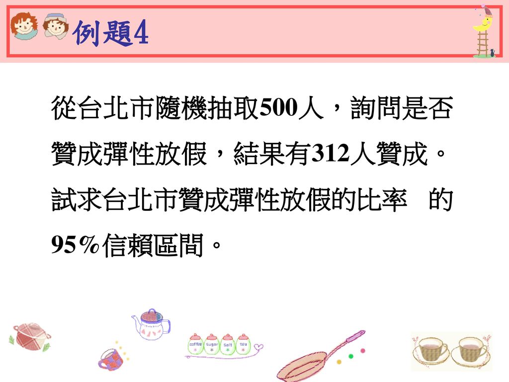 例題4 從台北市隨機抽取500人，詢問是否贊成彈性放假，結果有312人贊成。試求台北市贊成彈性放假的比率 的95%信賴區間。