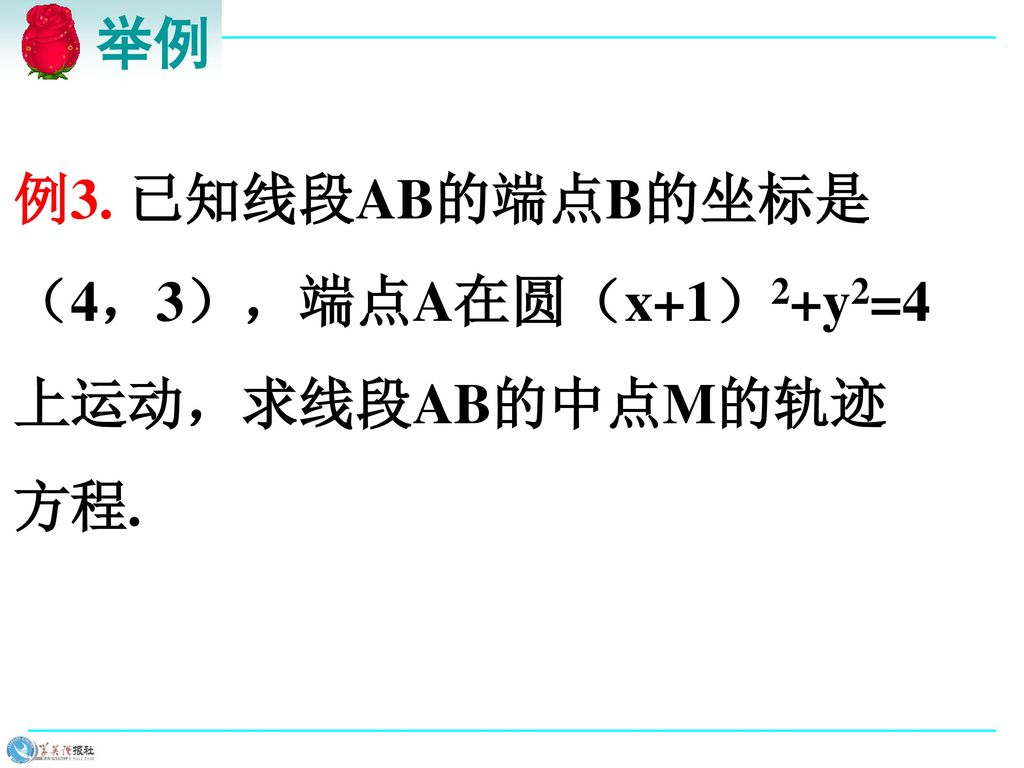 举例 例3. 已知线段AB的端点B的坐标是 （4，3），端点A在圆（x+1）2+y2=4 上运动，求线段AB的中点M的轨迹 方程.
