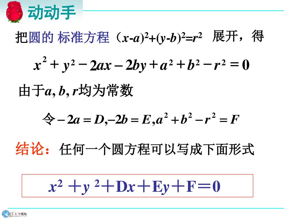 动动手 x2 ＋y 2＋Dx＋Ey＋F＝0 - 2 = + r b a by ax y x 结论：任何一个圆方程可以写成下面形式