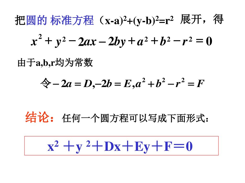 x2 ＋y 2＋Dx＋Ey＋F＝0 - 2 = + r b a by ax y x 结论：任何一个圆方程可以写成下面形式： 展开，得