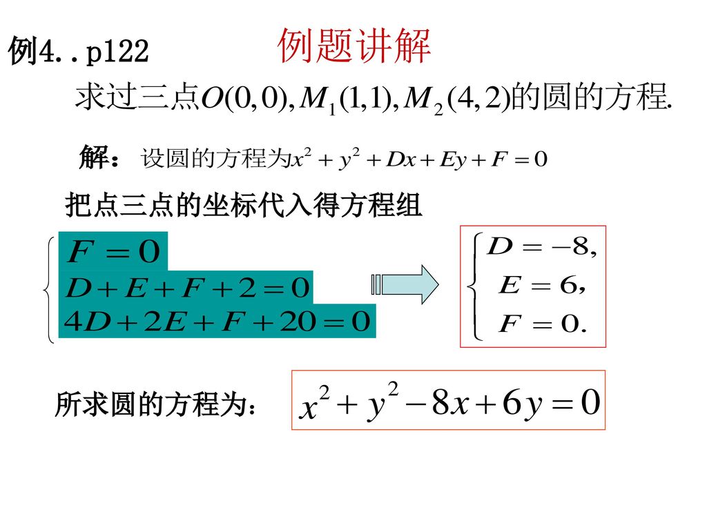 例题讲解 例4..p122 把点三点的坐标代入得方程组 所求圆的方程为：