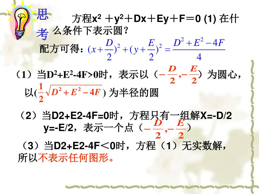思 考 方程x2 ＋y2＋Dx＋Ey＋F＝0 (1) 在什么条件下表示圆？ 配方可得：